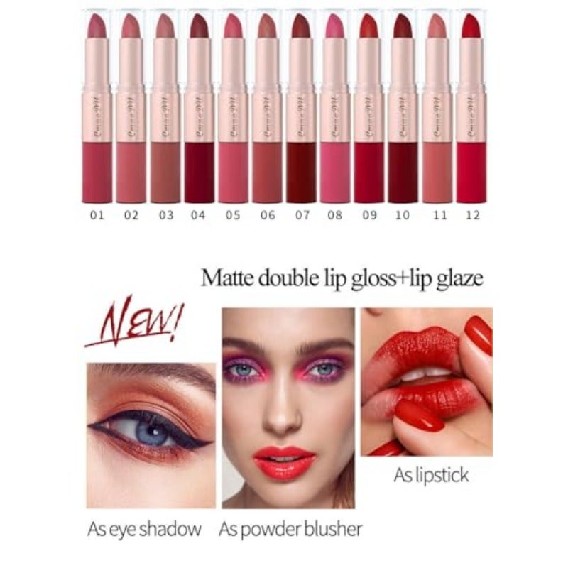 3 Pcs 2 in 1 Lipstick and Lip Gloss Set Matte Velvet Double Headed High Pigmented Lipstick Gift Set Waterproof Long Lasting Lip Makeup for Women Scarlet Red Pink Bean Paste Pink - Image 4
