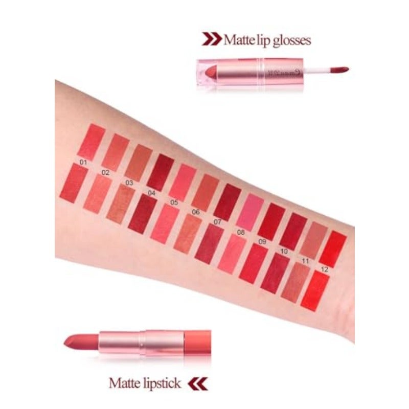 3 Pcs 2 in 1 Lipstick and Lip Gloss Set Matte Velvet Double Headed High Pigmented Lipstick Gift Set Waterproof Long Lasting Lip Makeup for Women Scarlet Red Pink Bean Paste Pink - Image 5