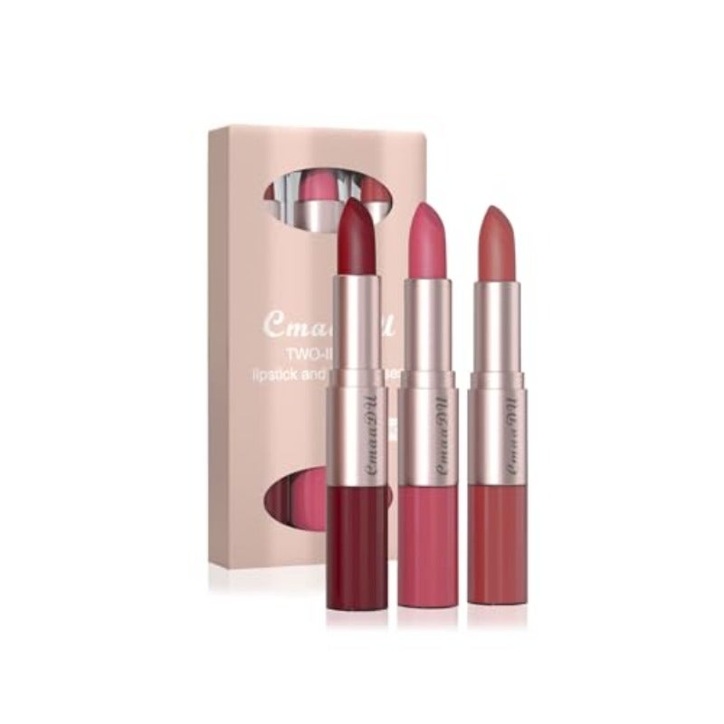 3 Pcs 2 in 1 Lipstick and Lip Gloss Set Matte Velvet Double Headed High Pigmented Lipstick Gift Set Waterproof Long Lasting Lip Makeup for Women Scarlet Red Pink Bean Paste Pink - Image 1