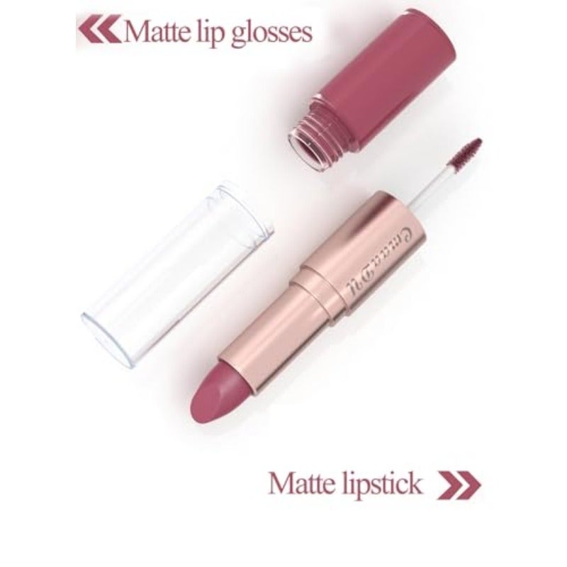 3 Pcs 2 in 1 Lipstick and Lip Gloss Set Matte Velvet Double Headed High Pigmented Lipstick Gift Set Waterproof Long Lasting Lip Makeup for Women Scarlet Red Pink Bean Paste Pink - Image 3