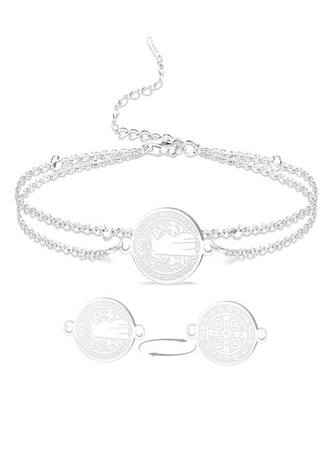 VASSAGO Saint Benedict Medal Bracelet Medalla De San Benito Bracelets Handmade Adjustable String Catholic Rosary Exorcism Christian Protection Religious Jewelry Gifts for Women Men (Silver2)