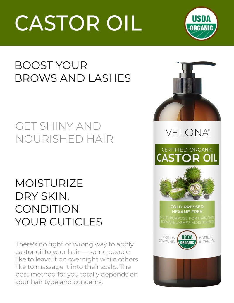 velona USDA Certified Organic Castor Oil - 32 fl oz | For Hair Growth, Boost Eyelashes, Eyebrows | Cold pressed, Natural Oil, USP Grade | Hexane Free, Lash Serum, Caster - Image 2