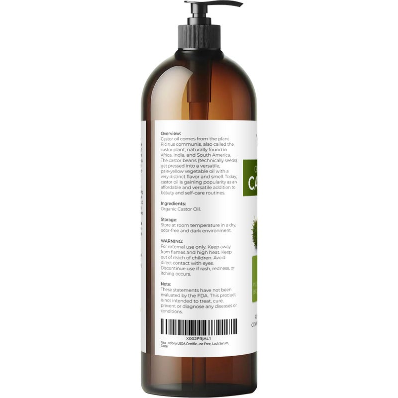 velona USDA Certified Organic Castor Oil - 32 fl oz | For Hair Growth, Boost Eyelashes, Eyebrows | Cold pressed, Natural Oil, USP Grade | Hexane Free, Lash Serum, Caster - Image 3
