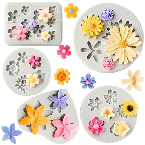 JOERSH 5PCS Silicone Flower Molds, Non-Stick Daisy Sunflower Fondant Chocolate Molds for Dessert Cake Decorating, Cupcake Topper, Cake Pop, Candy - Image 1