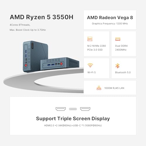 BOSGAME E2 Mini PC with AMD Ryzen 5 3550H, 16GB RAM 512GB NVMe SSD, Triple Displays via USB-C & Dual HDMI, Gigabit Ethernet, Compact Desktop Computer for Business, Office & School - Image 2