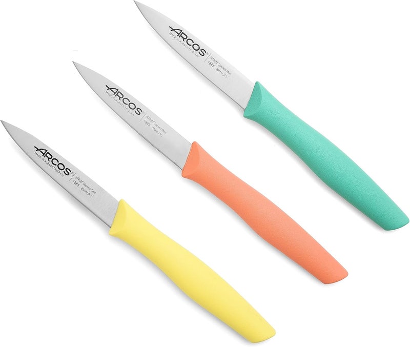 Arcos Paring Knife Set of 3 Pieces 4 Inch Stainless Steel. Colorful Kitchen Knives for Peeling Fruits and Vegetables. Ergonomic Polypropylene Handle. Series Nova. Color Orange, Yellow and Blue. - Image 1