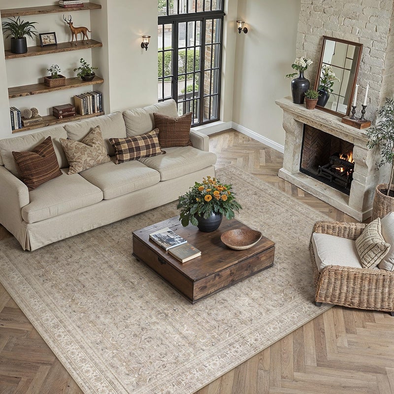 HUGEAR Area Rug 8x10 Vintage Beige Machine Washable Living Room Rugs Distressed Retro Floral Vacuumable Low Pile Carpet Bedroom Office Dining Room Laundry Room Non Slip Soft Lightweight - Image 1