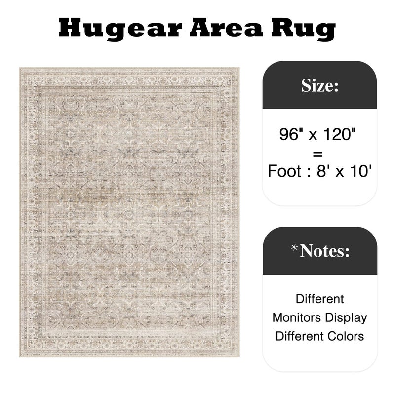 HUGEAR Area Rug 8x10 Vintage Beige Machine Washable Living Room Rugs Distressed Retro Floral Vacuumable Low Pile Carpet Bedroom Office Dining Room Laundry Room Non Slip Soft Lightweight - Image 2