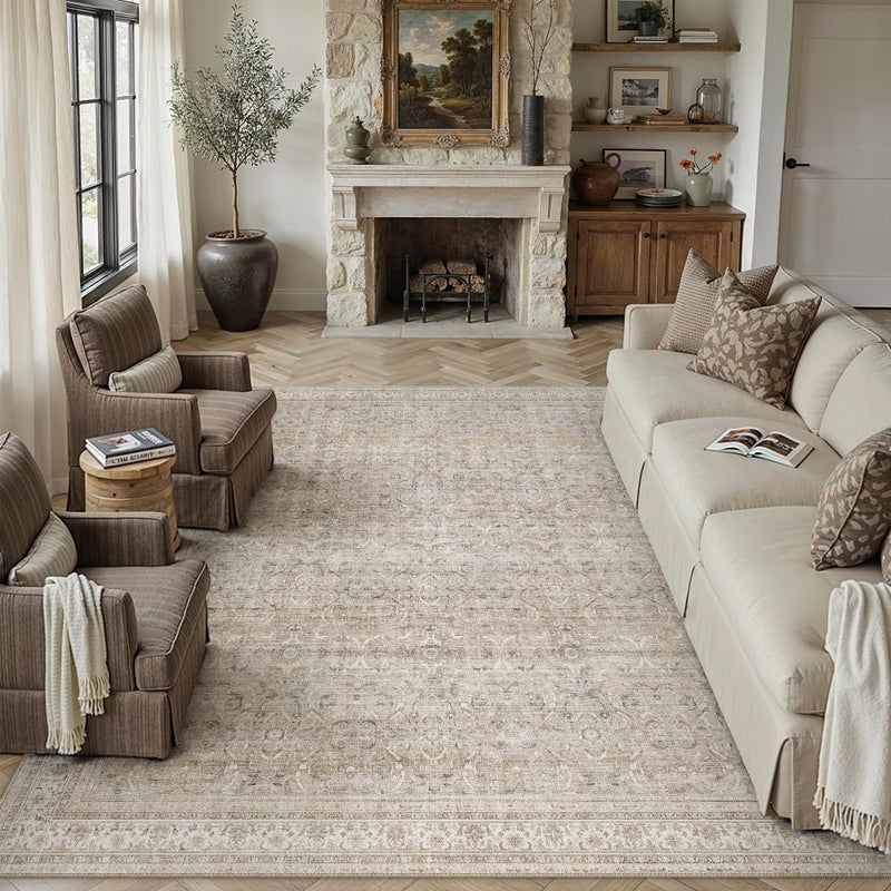 HUGEAR Area Rug 8x10 Vintage Beige Machine Washable Living Room Rugs Distressed Retro Floral Vacuumable Low Pile Carpet Bedroom Office Dining Room Laundry Room Non Slip Soft Lightweight - Image 4