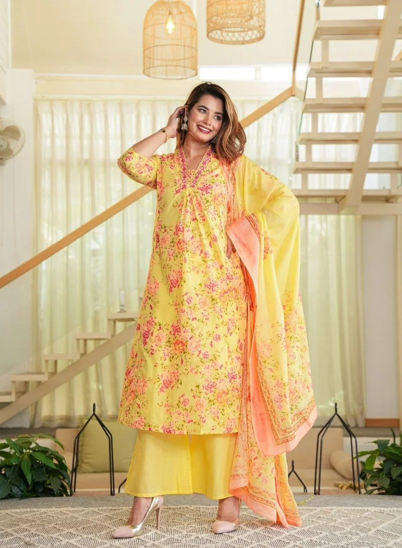 Studio blue Yellow Floral Printed Three-Piece Set with Dupatta