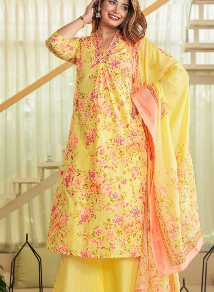 Studio blue Yellow Floral Printed Three-Piece Set with Dupatta