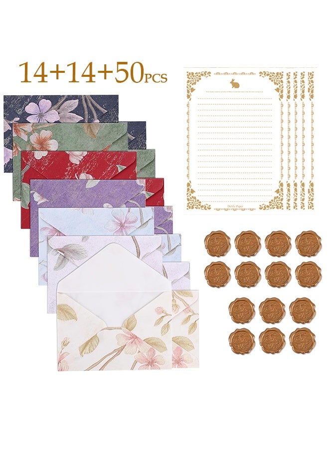 14Pcs 4x6 Vintage Envelopes Set with 50 Letter Paper, Envelopes for Invitation, Greeting Card Envelope with Wax Seal Sticker for Weddings, Birthday, Graduation (Flower Pattern) - Image 1