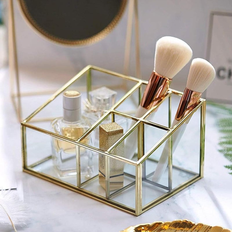 PuTwo Makeup Organizer Vintage 5 Compartments Glass & Metal Cosmetic Organizer Brass Makeup Storage for Makeup Brushes Perfume Lipsticks Nail Polish Makeup Holder for Dresser Vanity Countertop - Gold Adjustable build - Image 3