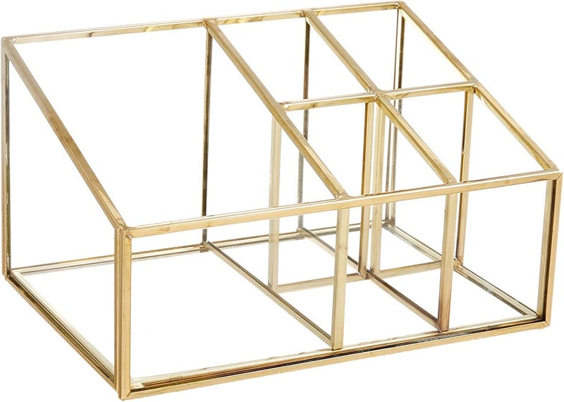 PuTwo Makeup Organizer Vintage 5 Compartments Glass & Metal Cosmetic Organizer Brass Makeup Storage for Makeup Brushes Perfume Lipsticks Nail Polish Makeup Holder for Dresser Vanity Countertop - Gold Adjustable build - Image 1