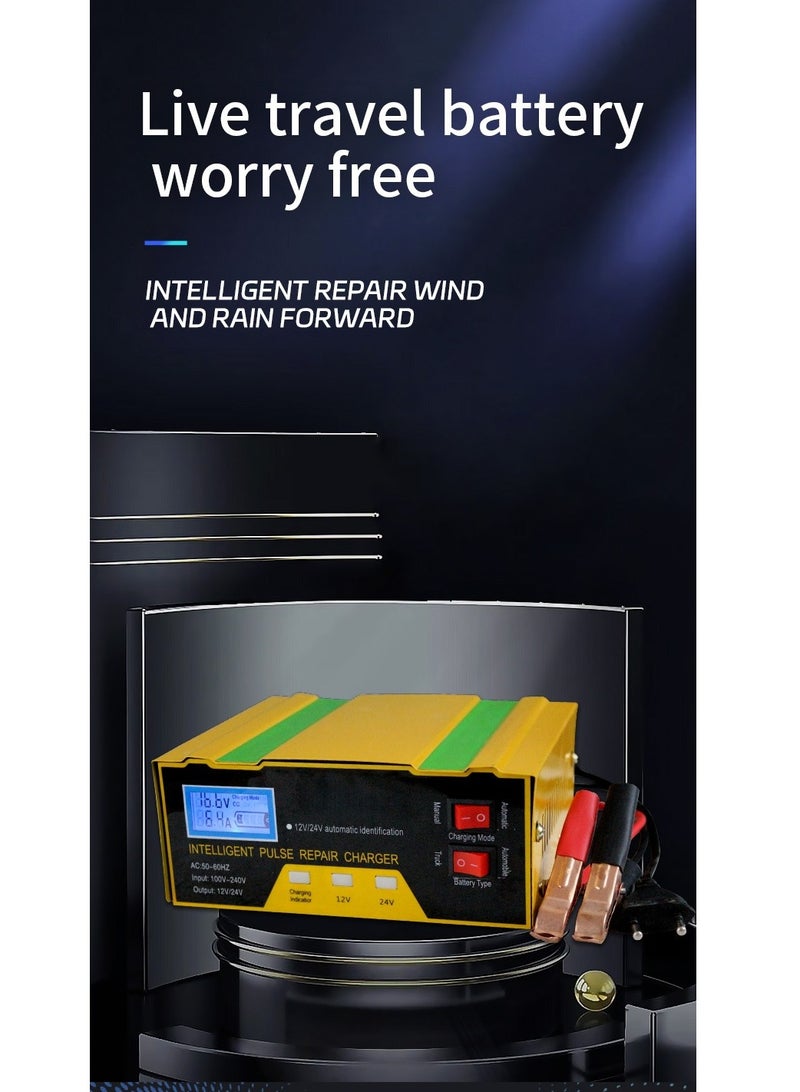 12V/24V Battery Charger Intelligent Pulse Repair Type Charger with Digital Display for Car Cell Motorcycle Battery UK Plug - Image 2