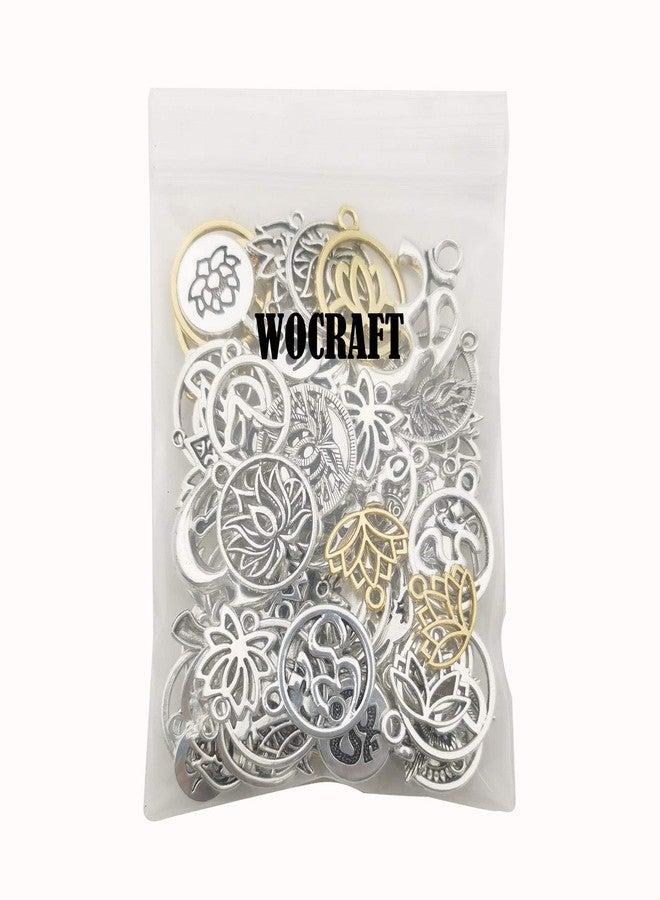 WOCRAFT 100 غرام (80 قطعة) من لوازم الحرف اليدوية، تعليقات زهرة اللوتس أوم من الفضة العتيقة لصنع المجوهرات، إكسسوارات لصنع القلائد والأساور (M294) - Image 5