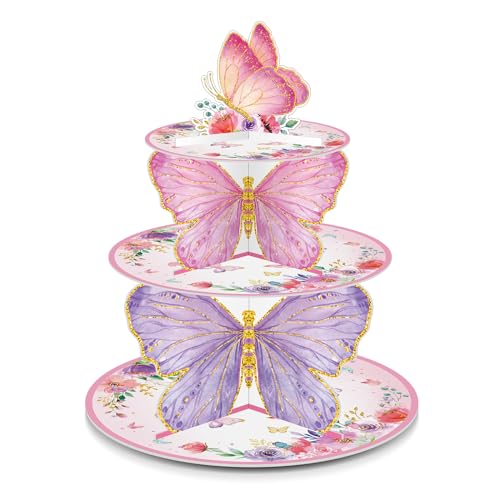 Zopeal 3 Tier Butterfly Cupcake Stand Butterfly Birthday Decorations Spring Cupcake Stand Holder Pink Purple Dessert Tower for Baby Shower Wedding Birthday Party Supplies Decoration - Image 1