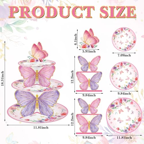 Zopeal 3 Tier Butterfly Cupcake Stand Butterfly Birthday Decorations Spring Cupcake Stand Holder Pink Purple Dessert Tower for Baby Shower Wedding Birthday Party Supplies Decoration - Image 2
