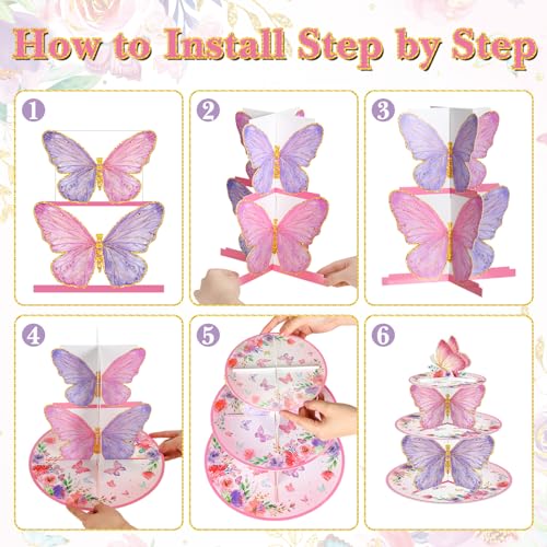 Zopeal 3 Tier Butterfly Cupcake Stand Butterfly Birthday Decorations Spring Cupcake Stand Holder Pink Purple Dessert Tower for Baby Shower Wedding Birthday Party Supplies Decoration - Image 4