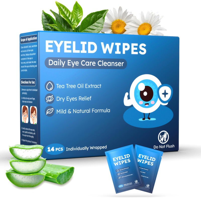 ProCIV 14PCS Tea Tree Oil Eyelid Wipes for Itchy & Dry Eyes, Pre-Moistened Wipes for Styes & Blepharitis, Daily Eye Cleansing Wipes, Hypoallergenic & Soothing For Sensitive Eyes, Stay Hydrated Lid Wipes - Image 1