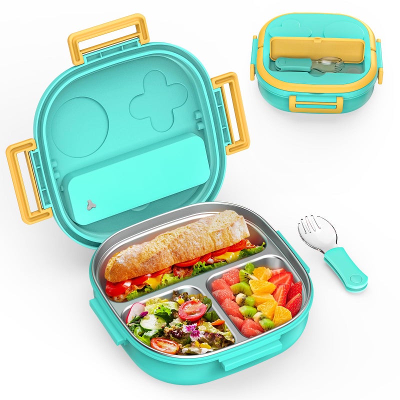 PEDECO Bento Box for Kids Stainless Steel - 3-Compartment - Complete Lunch Set with Portable Utensil - Ideal for Children Under 10 Years Old - Dishwasher Safe & BPA-Free(Green) - Image 1