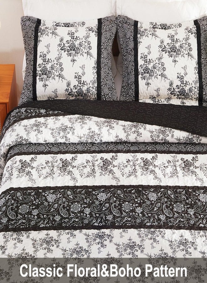 Cmfshape طقم لحاف زهري من 3 قطع من Cmfshape، مقاس كينج - لحاف مطبوع بنمط الفاوانيا المخطط باللونين الأسود والأبيض، طقم مفروشات زهري قابل للعكس، غطاء سرير ناعم وخفيف الوزن (مقاس كينج 106 × 96 بوصة). - Image 4