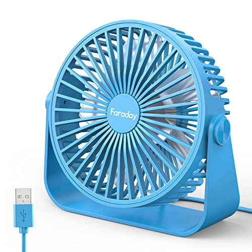 FARADAY USB Desk Fans 5 Inches Portable Table Fans 360 Head Rotation Small Personal Desktop Fan for Home Office 3 Speeds Blue