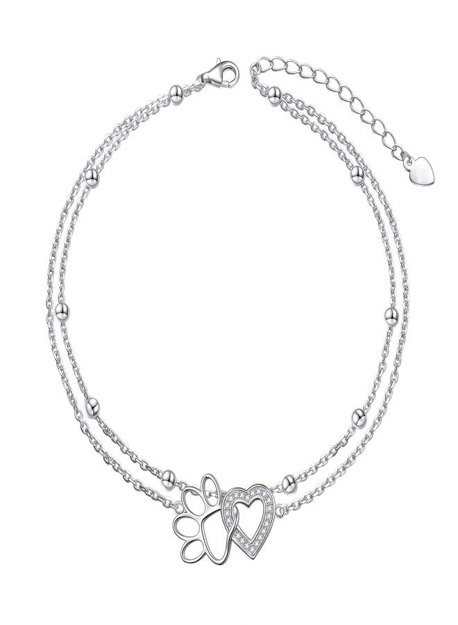 Ladytree Paw Print Sterling Silver Heart Anklet Ankle Bracelet for Women 925 Foot Adjustable Cute Dog Cat - Image 1