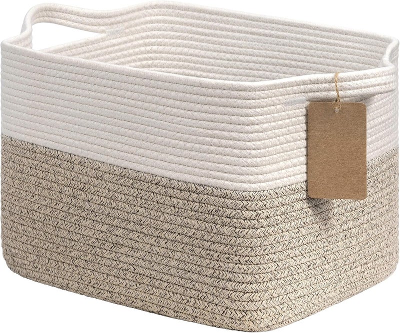 Goodpick Woven Storage Basket Cotton Rope Basket for Dog Toys Books Stylish Gift Basket with Handles 13 x 10 x 9 Inches Square Baskets for Organizing Brown and White - Image 1
