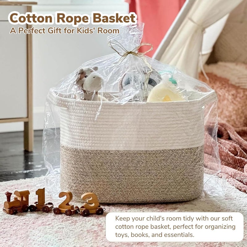 Goodpick Woven Storage Basket Cotton Rope Basket for Dog Toys Books Stylish Gift Basket with Handles 13 x 10 x 9 Inches Square Baskets for Organizing Brown and White - Image 2