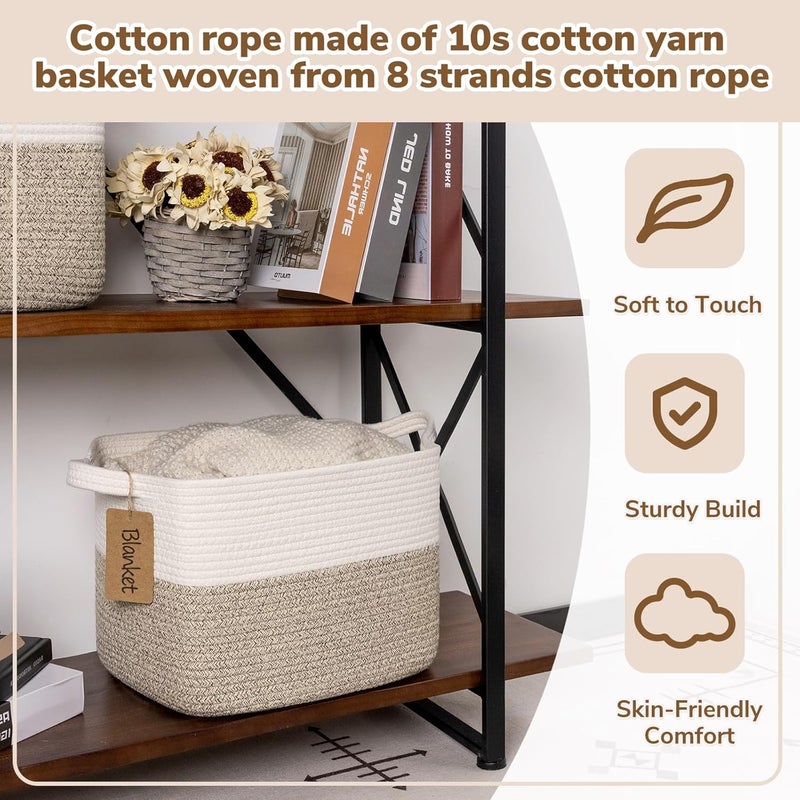 Goodpick Woven Storage Basket Cotton Rope Basket for Dog Toys Books Stylish Gift Basket with Handles 13 x 10 x 9 Inches Square Baskets for Organizing Brown and White - Image 5