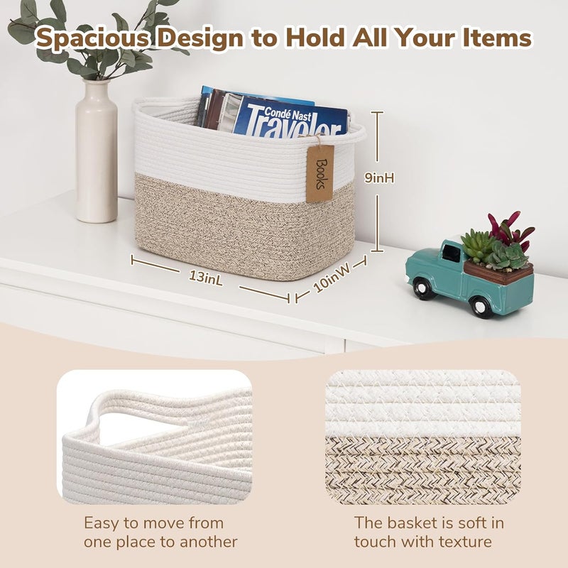 Goodpick Woven Storage Basket Cotton Rope Basket for Dog Toys Books Stylish Gift Basket with Handles 13 x 10 x 9 Inches Square Baskets for Organizing Brown and White - Image 3