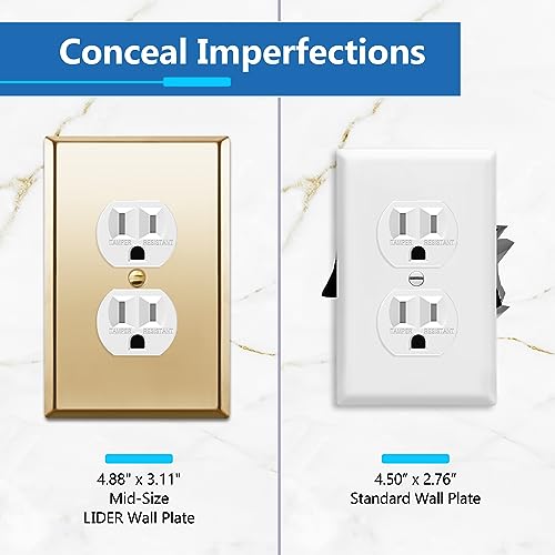 LIDER Duplex Receptacle Metal Wall Plate, Stainless Steel Outlet Cover, Corrosion Resistant, Mid-Size 1-Gang 4.88" x 3.11", 201 Stainless Steel, LMWP-21M-PB, Polished Brass - Image 3