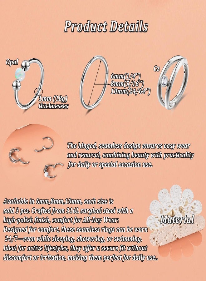 Lantine 8mm Nose Rings Hoops Set Surgical Stainless Steel Septum Ring Cz Opal Hinged Clicker Daith Tragus Helix Piercing Jewelry Set Cute Cartilage Hoop Earrings 18g - Image 5