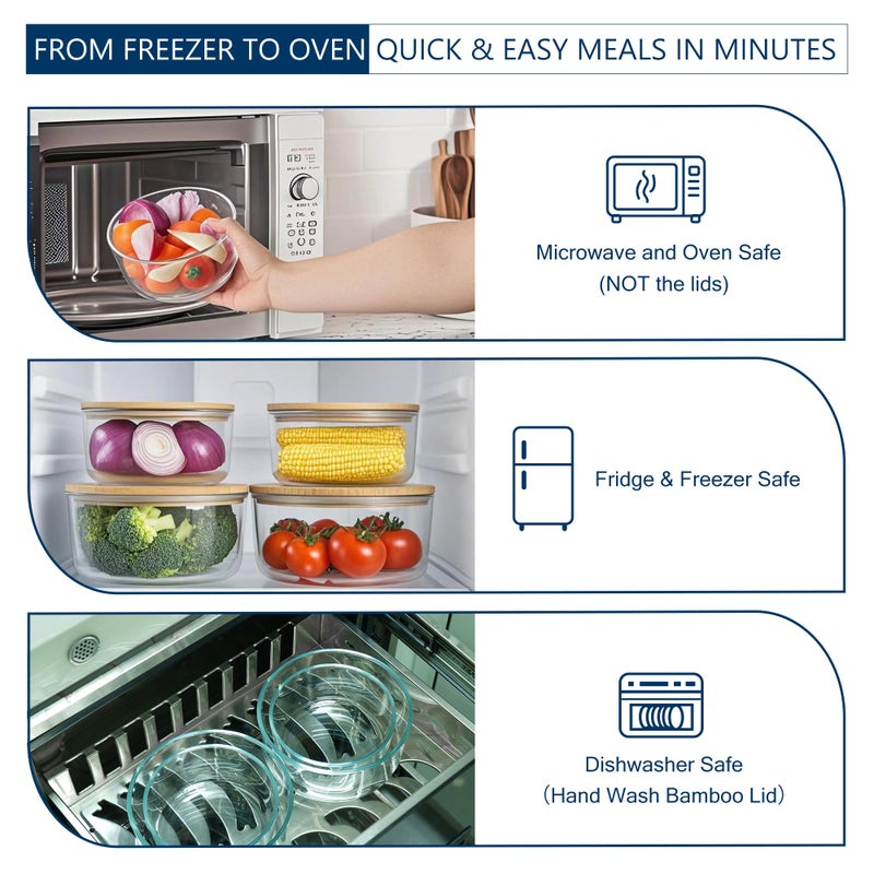 DE Glass Food Storage Containers with Bamboo Lids â€“ 4 Pack Round (2x33oz + 2x60oz) â€“ BPA-Free Borosilicate Glass Meal Prep Containers â€“ Plastic-Free, Oven, Microwave, Freezer Safe - Image 4