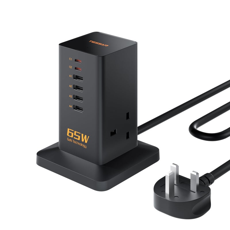 TESSAN PD 65W USB Tower, 6-Port USB Charging Hub with 2 AC and 2m Cord - Image 1