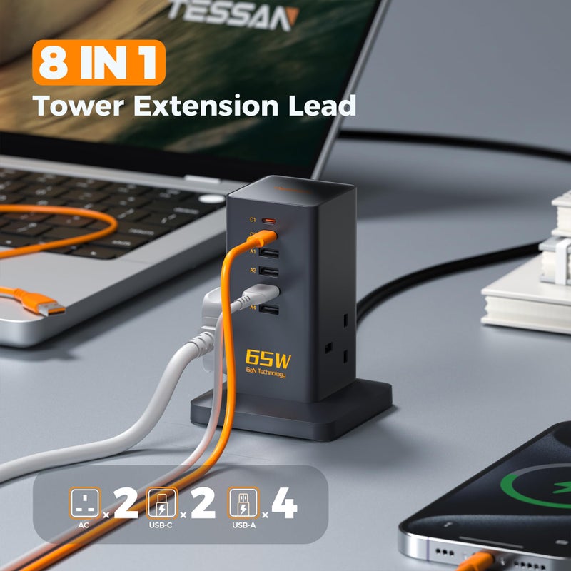 TESSAN PD 65W USB Tower, 6-Port USB Charging Hub with 2 AC and 2m Cord - Image 2