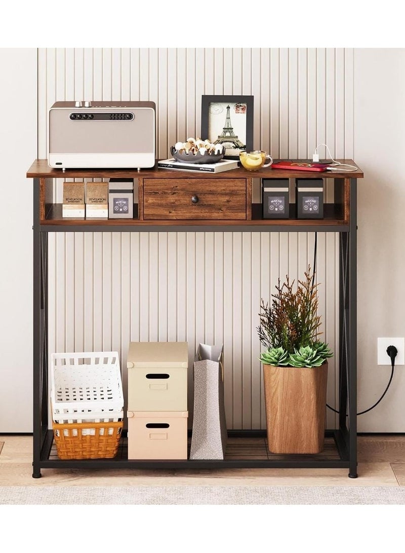 إكسبرت طاولة بتصميم مودرن، طاولة كونسول خشب وحديد، 1 درج و2 رف، خشب رمادي داكن بإطار داكن - Image 1