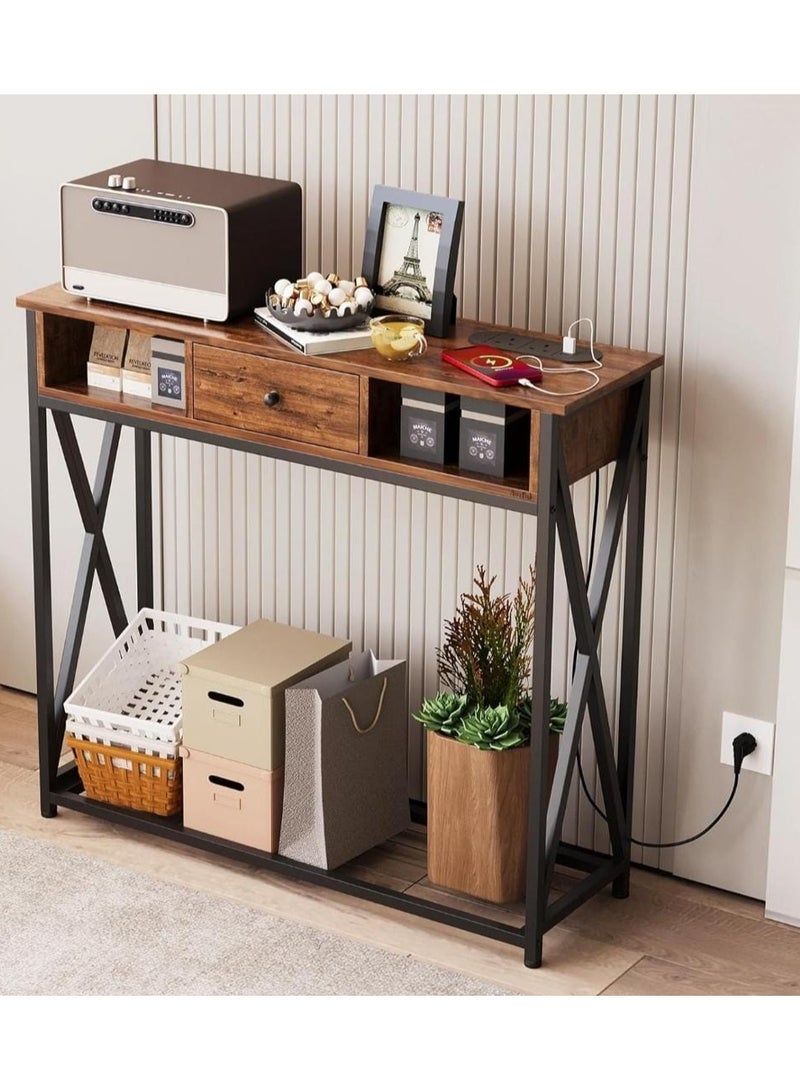 إكسبرت طاولة بتصميم مودرن، طاولة كونسول خشب وحديد، 1 درج و2 رف، خشب رمادي داكن بإطار داكن - Image 2