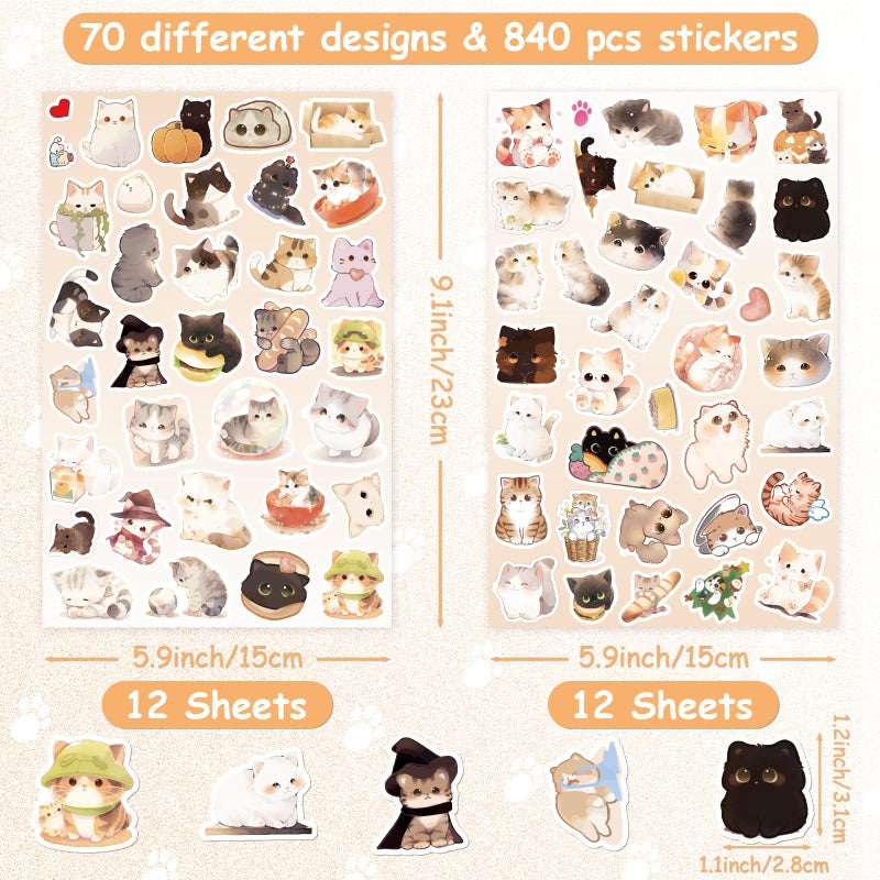 LINAYE 24 Sheets Cute Cat Stickers for Kids Teen Adults, 840 Counts Waterproof Adhesive Kawaii Kitten Stickers for Party Favors, Scrapbooking, Water Bottles, Laptop, Phone, Skateboard, Bicycle - Image 2