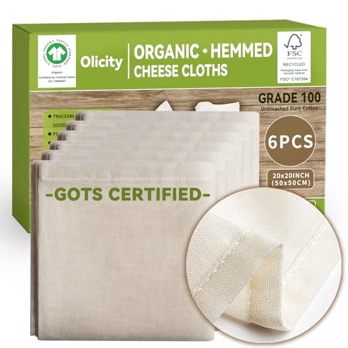 Olicity Organic Cheese Cloths, GOTS Certified, 6PCS, Grade 100, 20x20Inch Hemmed Cheese Cloth Fabric Reusable Fine Mesh Cloth, 100% Cotton Unbleached Muslin Cheesecloth for Straining, Cooking, Yogurt, Juicing - Image 1