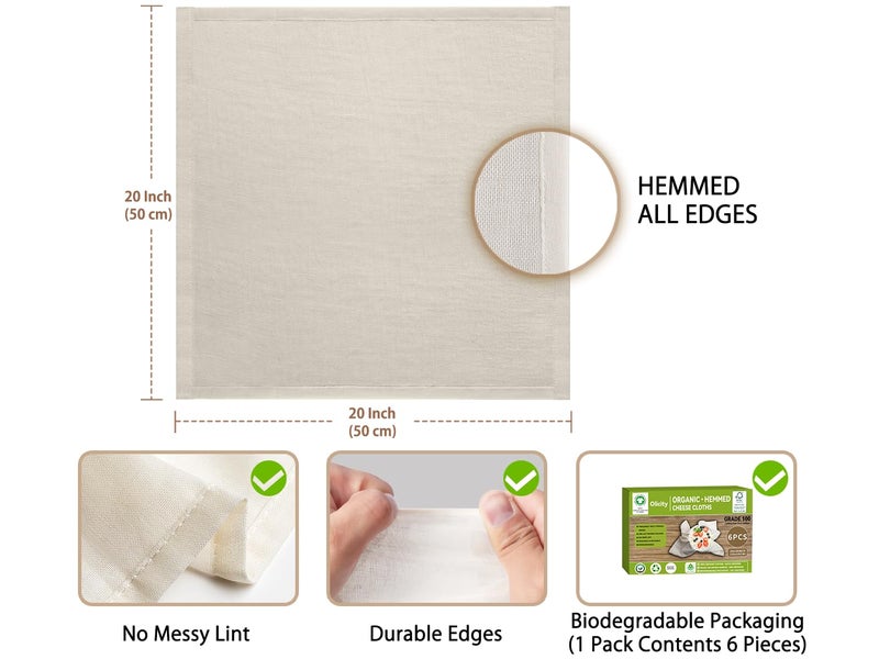 Olicity Organic Cheese Cloths, GOTS Certified, 6PCS, Grade 100, 20x20Inch Hemmed Cheese Cloth Fabric Reusable Fine Mesh Cloth, 100% Cotton Unbleached Muslin Cheesecloth for Straining, Cooking, Yogurt, Juicing - Image 4