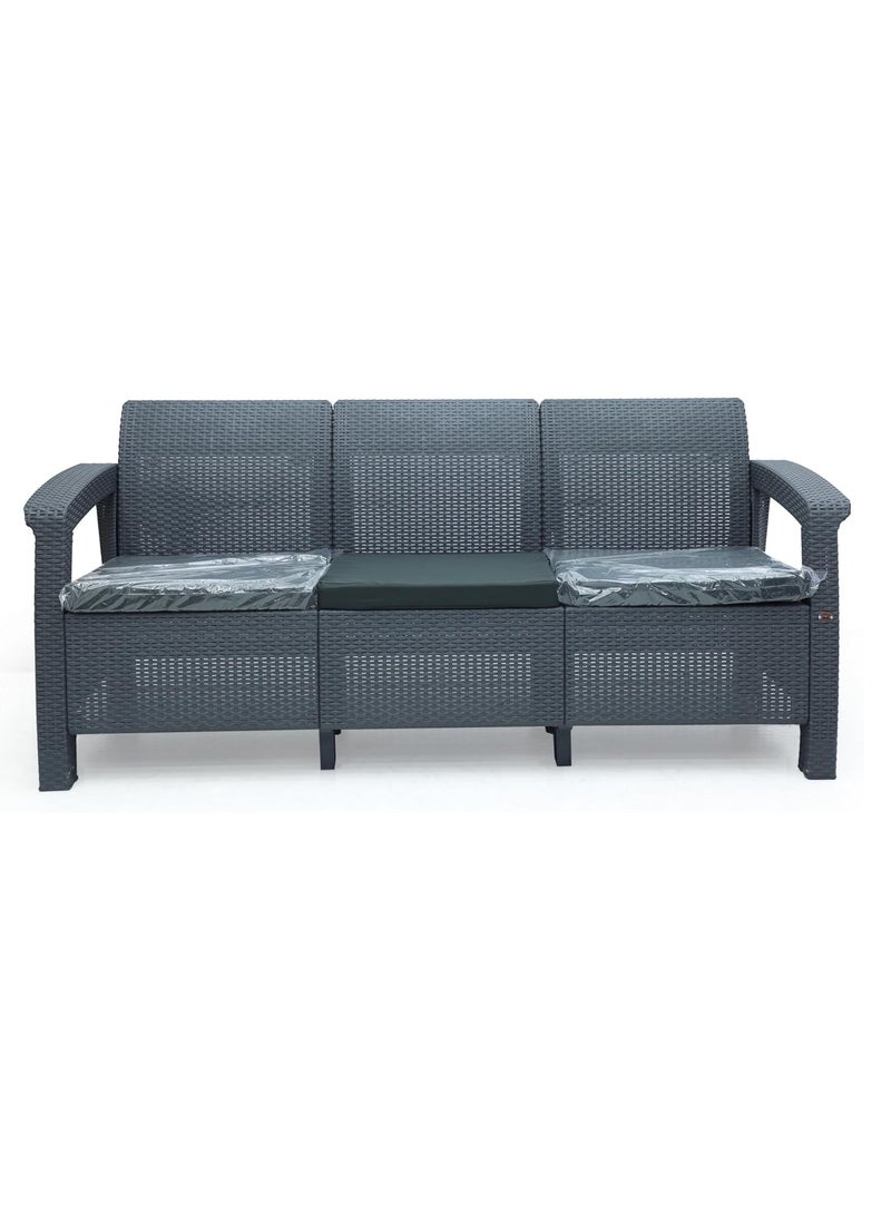 KARNAK - Karnak Plastdour 3-Seater Outdoor Sofa Set – Rattan Garden Cushion Sofa for Balcony & Patio (Dark Grey) - Image 1