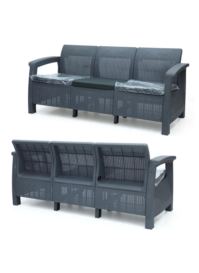 KARNAK - Karnak Plastdour 3-Seater Outdoor Sofa Set – Rattan Garden Cushion Sofa for Balcony & Patio (Dark Grey) - Image 1