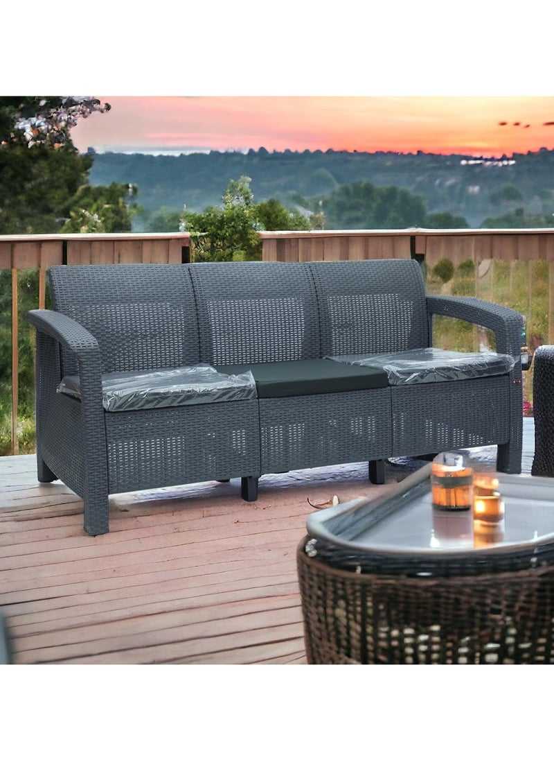 KARNAK - Karnak Plastdour 3-Seater Outdoor Sofa Set – Rattan Garden Cushion Sofa for Balcony & Patio (Dark Grey) - Image 1
