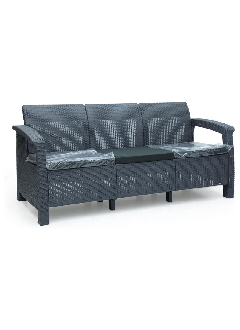KARNAK - Karnak Plastdour 3-Seater Outdoor Sofa Set – Rattan Garden Cushion Sofa for Balcony & Patio (Dark Grey) - Image 1