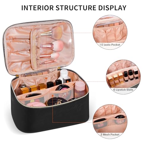 senbowe Travel Makeup Bag, Large Capacity Cosmetic Bags for Women,Portable Waterproof Leather Toiletry Bag Make Up Organizer Bag with Divider and Handle - Image 3