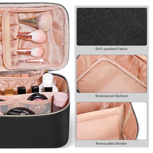 senbowe Travel Makeup Bag, Large Capacity Cosmetic Bags for Women,Portable Waterproof Leather Toiletry Bag Make Up Organizer Bag with Divider and Handle - Image 5