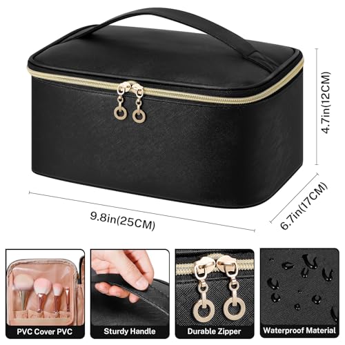 senbowe Travel Makeup Bag, Large Capacity Cosmetic Bags for Women,Portable Waterproof Leather Toiletry Bag Make Up Organizer Bag with Divider and Handle - Image 2