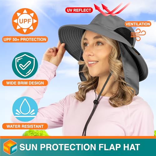 Suncube قبعة صيد شمسية من صن كيوب، قبعة شمسية للرجال والنساء، قبعة شمسية للمشي مع لسان رقبة، حافة عريضة، حزام ذقن، قبعة صيفية، حماية خارجية UPF 50+، قابلة للتعبئة، شبكة قابلة للتنفس (رمادي) - Image 4